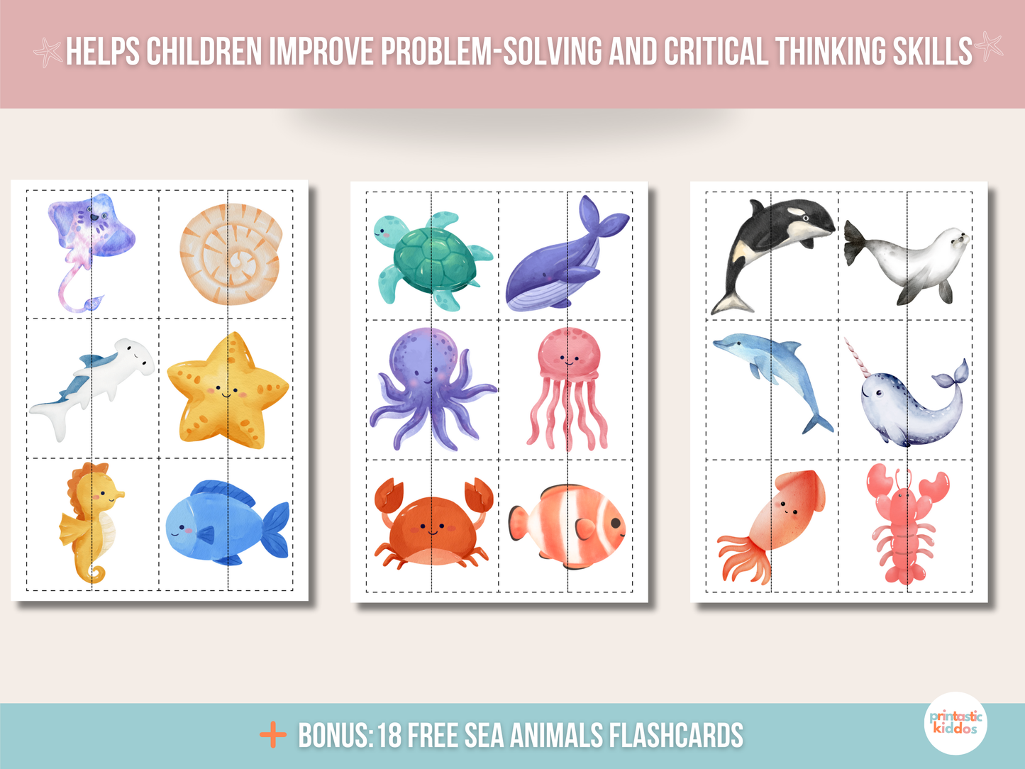 Printable Sea Animals Matching Game for Toddlers and Babies
