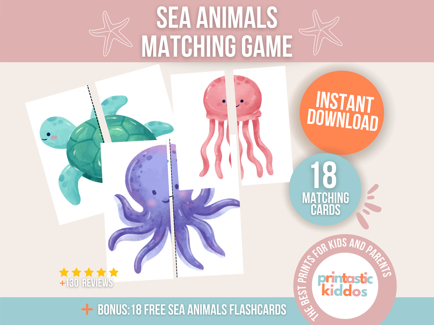 Printable Sea Animals Matching Game for Toddlers and Babies