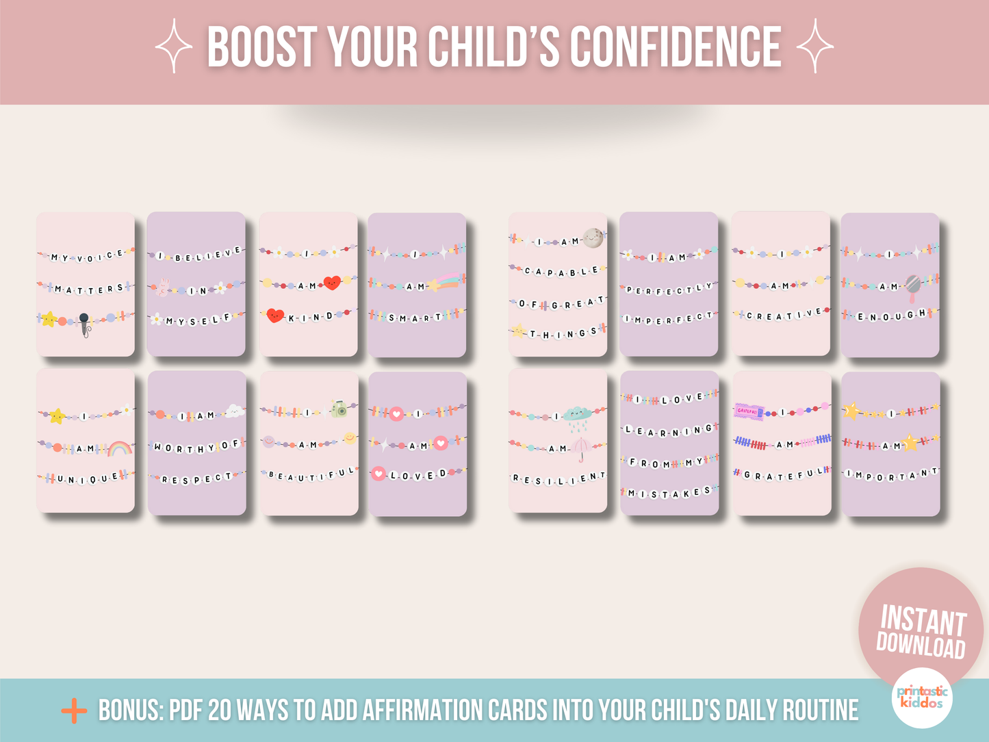 16 Printable Affirmation Cards for Kids: Empowerment with Beaded Bracelet Designs