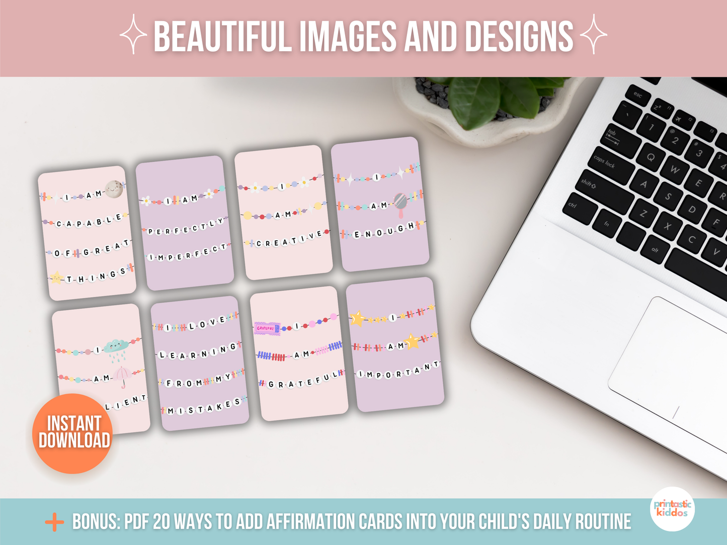 16 Printable Affirmation Cards for Kids: Empowerment with Beaded Bracelet Designs