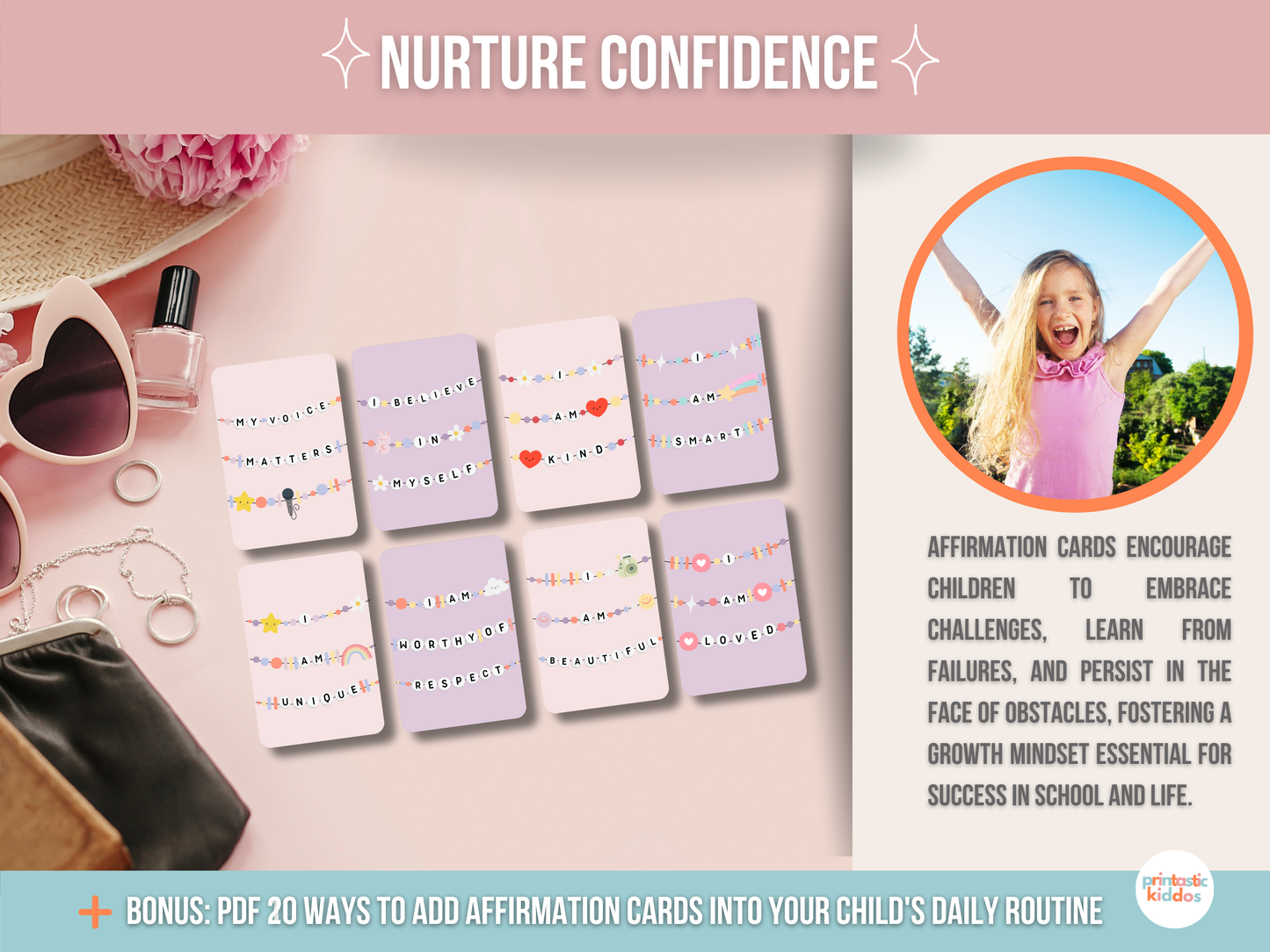 16 Printable Affirmation Cards for Kids: Empowerment with Beaded Bracelet Designs